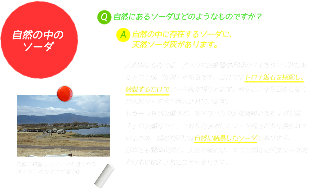 自然の中のソーダ
Q. 自然にあるソーダはどのようなものですか?
A. 自然の中に存在するソーダに、天然ソーダ灰があります。