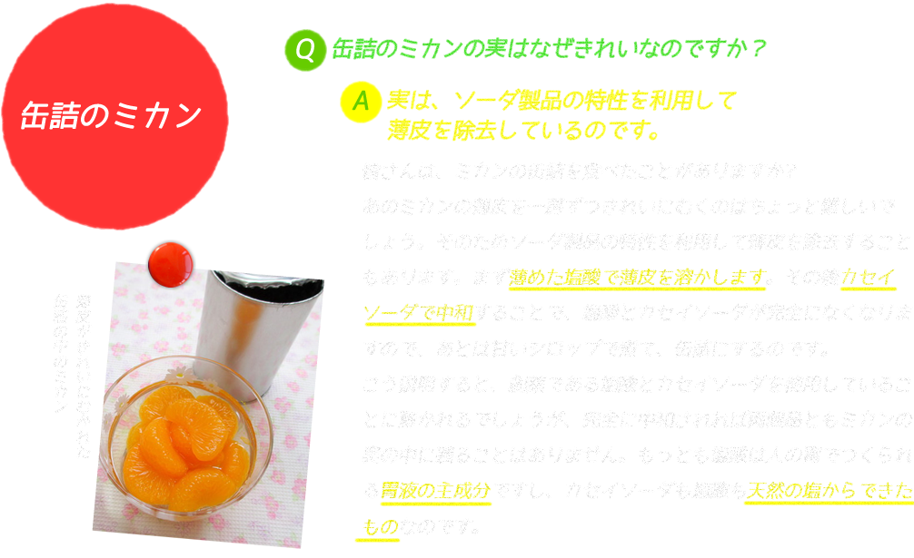 缶詰のミカン
Q. 缶詰のミカンの実はなぜきれいなのですか?
A. 実は、ソーダ製品の特性を利用して薄皮を除去しているのです。